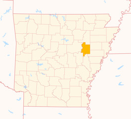 Map of the County Woodruff (Arkansas, US) showing the Federal State with the highlighted County
