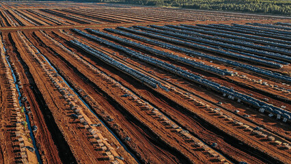Aerial view of a large peat bog harvesting site with long parallel rows of extracted peat, wooden pallets, and covered stacks stretching across the landscape.