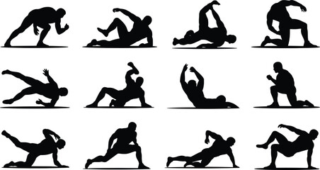 Obraz premium Dynamic silhouette poses of a person performing various yoga and fitness movements