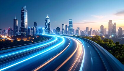 Obraz premium Cityscape at night with light trails on a highway, symbolizing speed and connectivity