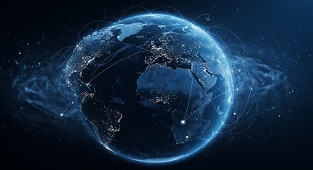Global network communication with earth illuminated at night shows connection nodes
