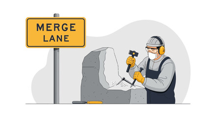Stone Carver With Safety Gear Sculpting Near Merge Lane Traffic Sign