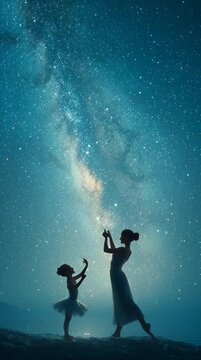 Celestial Dance: A silhouette of a mother and child dancing under a breathtaking night sky, creating a dreamlike scene of ethereal beauty and bonding.
