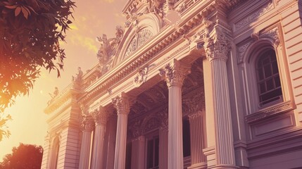 Majestic building facade at sunset.