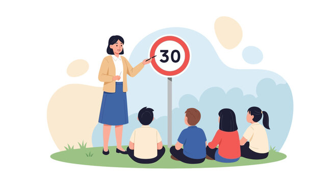 Teacher Explaining Road Rules with Students Near Traffic Sign Illustration