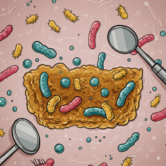 Doodle Microscope View: Bacteria in Tartar with Dental Tool on White. 8K.