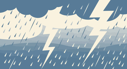 Stormy Weather Illustration Featuring Lightning Strikes And Torrential Downpour Graphic