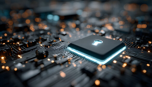 Secure digital vault integated with glowing blue ciruit board. Technology concpt emphasizes data protecton, cyber safety, hardwareencryption. Network securiy, privacy in advanced eletronic