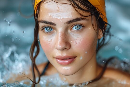 Dedicated female swimmer training intently in a clear blue pool, embracing fitness and competition