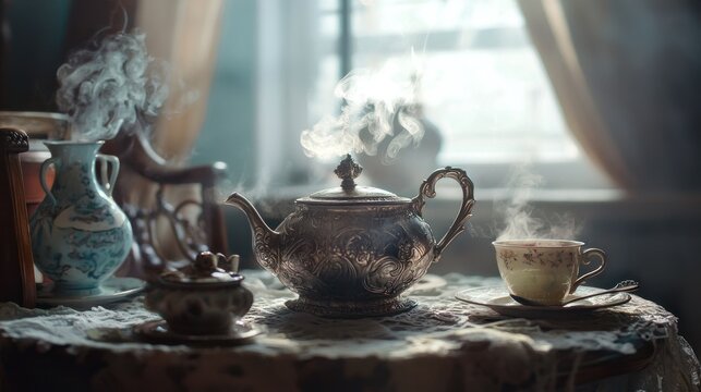 Steaming teapot and teacup on antique table near window.