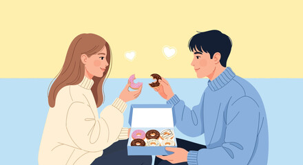 Fototapeta premium Sweet Sharing Moments A Young Couple Enjoys Donuts In A Lighthearted Mood
