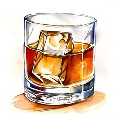 Vieux Carré cocktail with ice cubes in a rocks glass. Watercolor illustration in coquette style isolated on white background. Classic rye whiskey cocktail and bar menu concept 