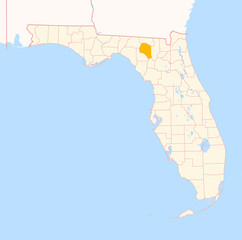 Fototapeta premium Map of the County Suwannee (Florida, US) showing the Federal State with the highlighted County
