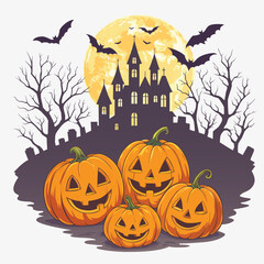 A carved pumpkin sits near a haunted house under a full moon
