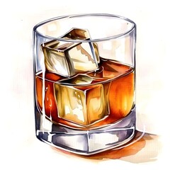 Vieux Carré cocktail with ice cubes in a rocks glass. Watercolor illustration in coquette style isolated on white background. Classic rye whiskey cocktail and bar menu concept 