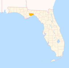 Map of the County Wakulla (Florida, US) showing the Federal State with the highlighted County