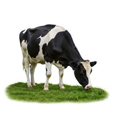 A Holstein cow grazes peacefully on a patch of fresh green grass. Its distinctive black and white markings are clearly visible.