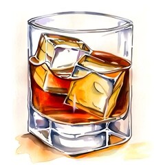 Vieux Carré cocktail with ice cubes in a rocks glass. Watercolor illustration in coquette style isolated on white background. Classic rye whiskey cocktail and bar menu concept 