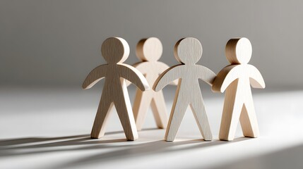 Three Wooden Figures Representing Teamwork and Connection on a Neutral Background with Shadows