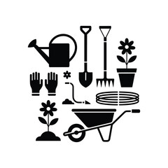 Collection of garden tools and plants in silhouette