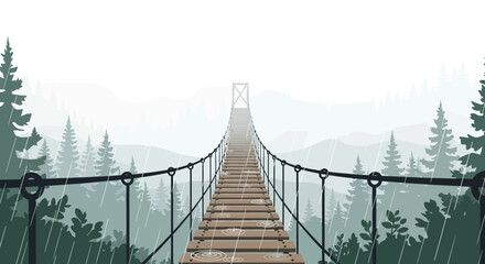 Obraz premium Suspension Bridge Among Forest On Rainy Day For Adventure Seeking Traveler