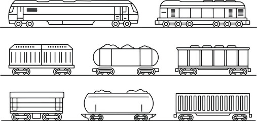 Collection of train and railway carriages line art illustrations
