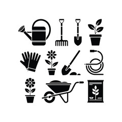 Collection of black and white garden tools and supplies icons