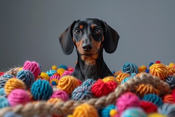 Playful dachshund surrounded by colorful plush toys, exuding joy and innocence in a cute setting