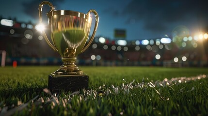 Winner's trophy lying on the grass of stadium
