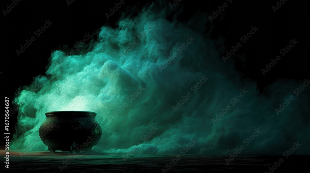 Aufkleber A mysterious cauldron emits ethereal teal smoke, creating a captivating and enchanting atmosphere in a dark setting.