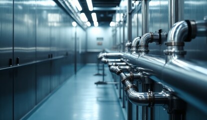 Clean industrial corridor with parallel metal pipes, valves, and fittings. Smooth floor, metallic walls, and bright ceiling lights emphasize a sterile, high-tech engineering environment