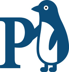 Cartoon penguin stands beside the letter P, both depicted in a matching blue shade