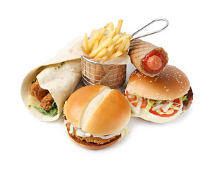 Delicious burgers, French fries, hot dog and wrap isolated on white. Tasty fast food