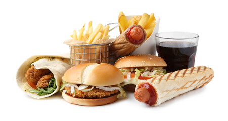 Different delicious fast food and cola isolated on white