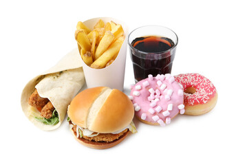 Different delicious fast food and cola isolated on white