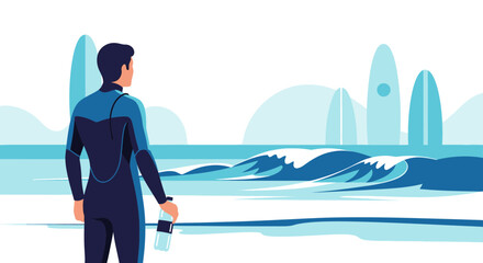 Surfer Contemplating the Ocean Before Entering The Water Illustration Minimal Style