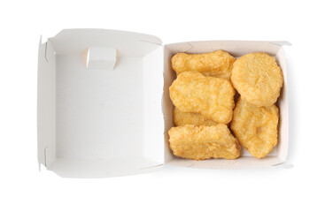 Delicious nuggets in takeaway package isolated on white, top view. Tasty fast food
