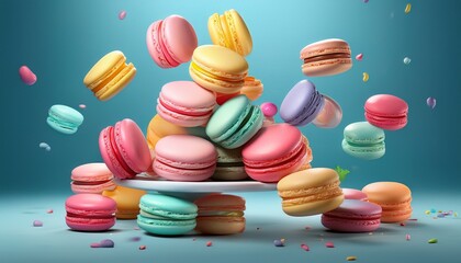 Obraz premium various colorful of macarons floating on the air isolated on clean desserts sweet cake concept with generative ai
