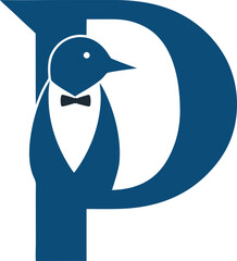 Navy letter P showcases a penguin with bow tie, isolated on white