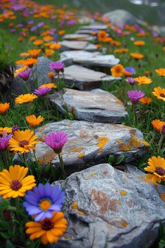 A charming stone path meanders through a vibrant garden filled with pink, orange, and blue blooms.
