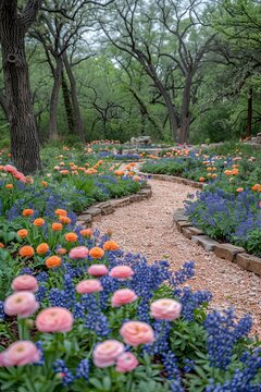 A serene stone pathway through a vibrant garden of blooming pink, orange, and blue flowers