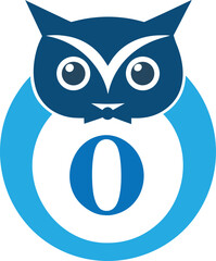 Stylized navy owl with large eyes surmounts a light blue zero shape against white