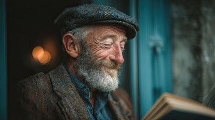 Smiling Elderly Man Reading a Book Outdoors