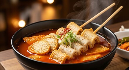 Korean Fish Cake Soup Eomuk Guk with Skewers.