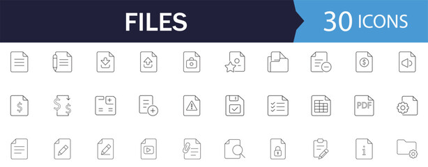 Files line Icon Set. Features icons of  clipboard, document, folder and note. Perfect for file management apps and cloud storage websites.