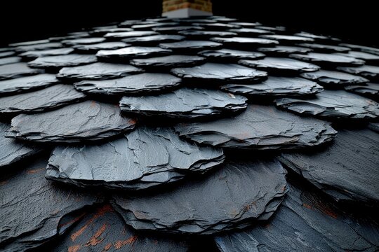 Elegant dark slate rooftop featuring chimney  a blend of classic and modern architectural styles