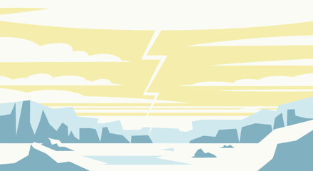 Stylized Arctic Landscape With Striking Lightning And Cloudy Sky Scene