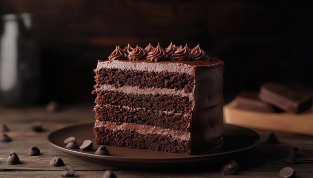 Decadent Devil'S Cake Made With Rich Chocolate, Presented On A Dark Wooden Surface In A Low-Key Style. It'S A Tempting Treat!