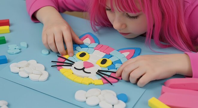 Young girl with vibrant pink hair engrossed in creating a colorful mosaic cat artwork