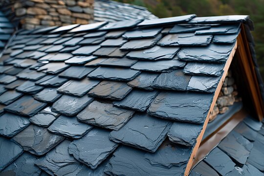Elegant slate rooftop with chimney  blending classic architecture and modern home design